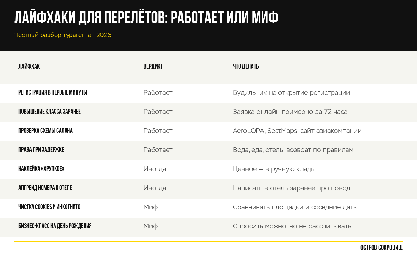 Лайфхаки для перелётов в 2026 году: что работает, а что миф — таблица