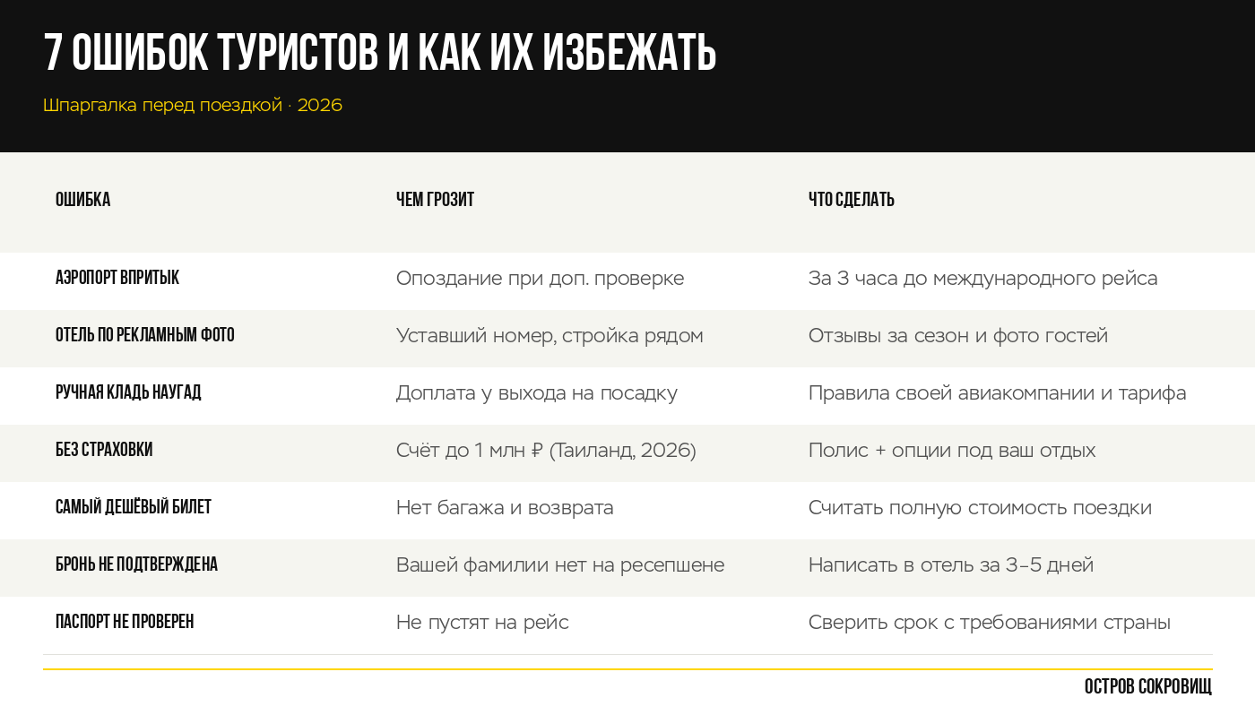 Ошибки туристов в 2026 году и как их избежать — таблица